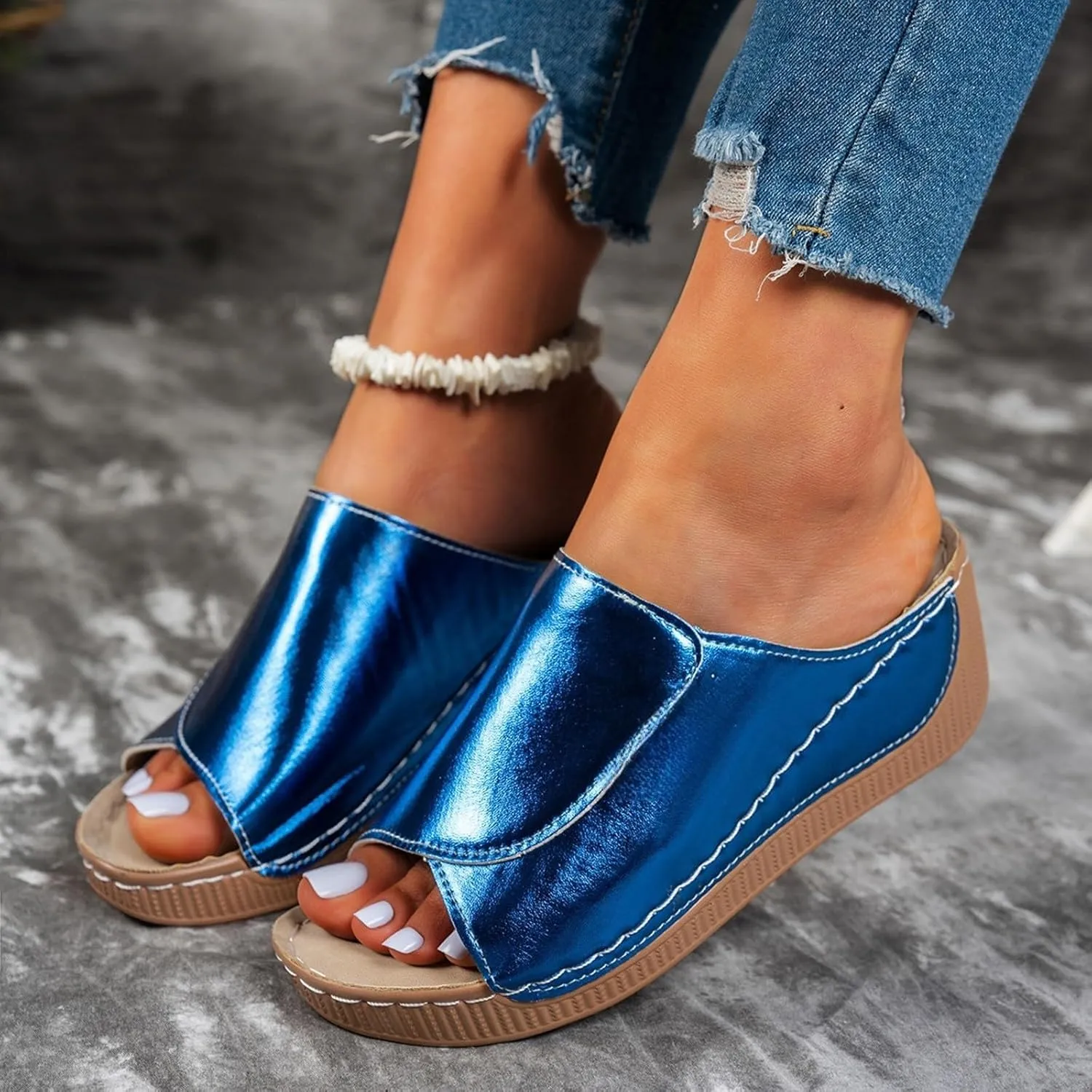 Women's Platform & Wedge Sandals Arch Support Orthopedic Sandals Slippers Summer Leather Slip on Platform Sandal Open Toe Wide Width Comfortable Slides Walking Slippers Shoes