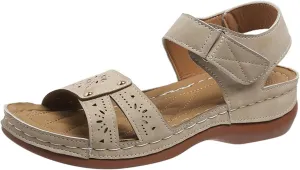 Women's Sandals with Arch Support Round Open Toe Low Wedge Sandals Hollow Out Cushion Slip-On Shoes Magic Tape Ankle Strap Sandal Casual Fashion Comfortable Shoes