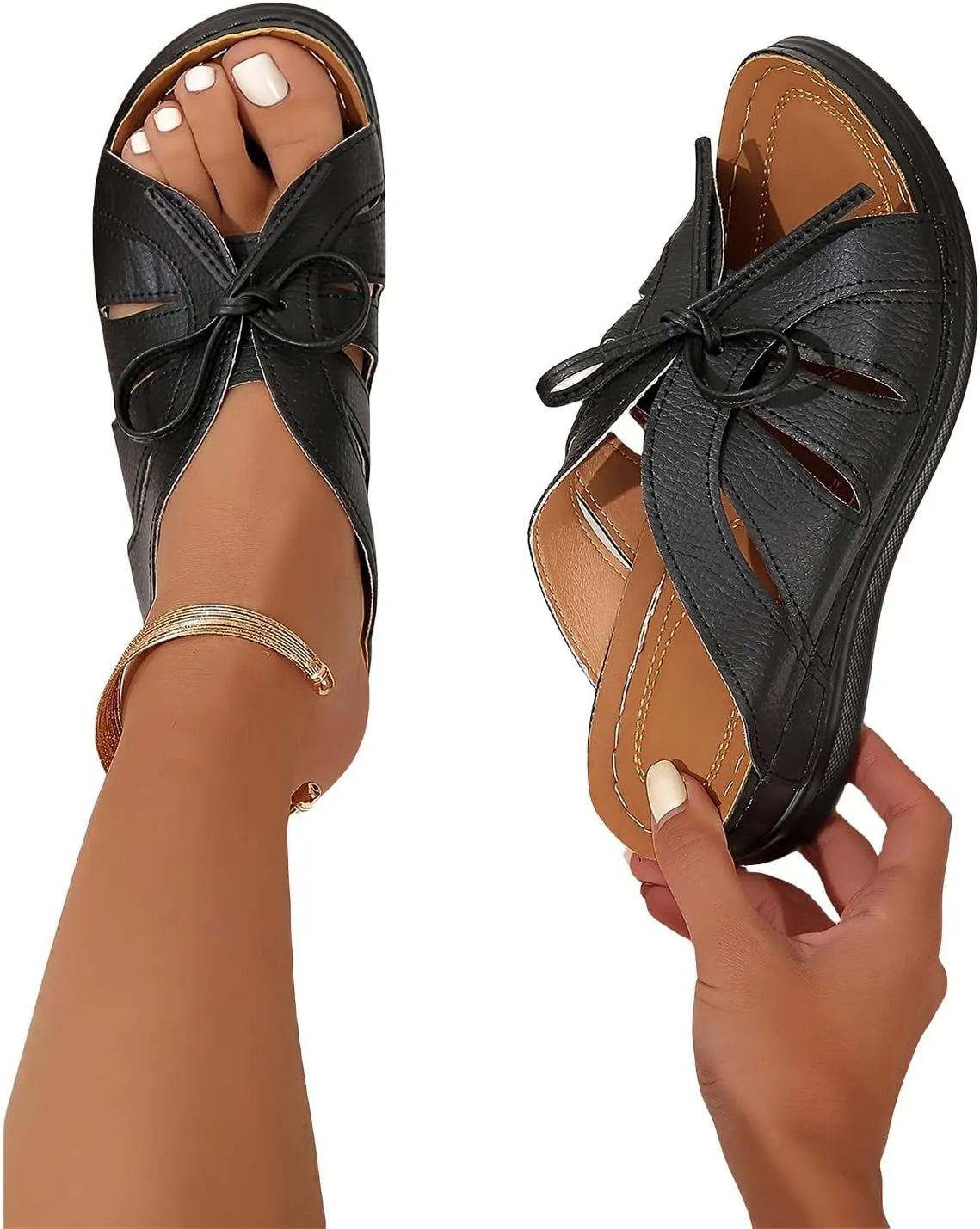 Womens Slippers with Arch Support Vintage Leather Bowknot Vamp Slippers Open Toe Fish Mouth Sandals Cushion Slip-On Comfortable Footbed Sandals Hollow Out Strap Summer Mules
