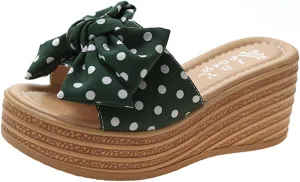 Women's Wedge Platform Sandals Fashion Polka Dot Bow Slippers Summer Slides Beach Vacation Walking Shoes Flat Sandals for Women Casual & Dressy Summer Shoes
