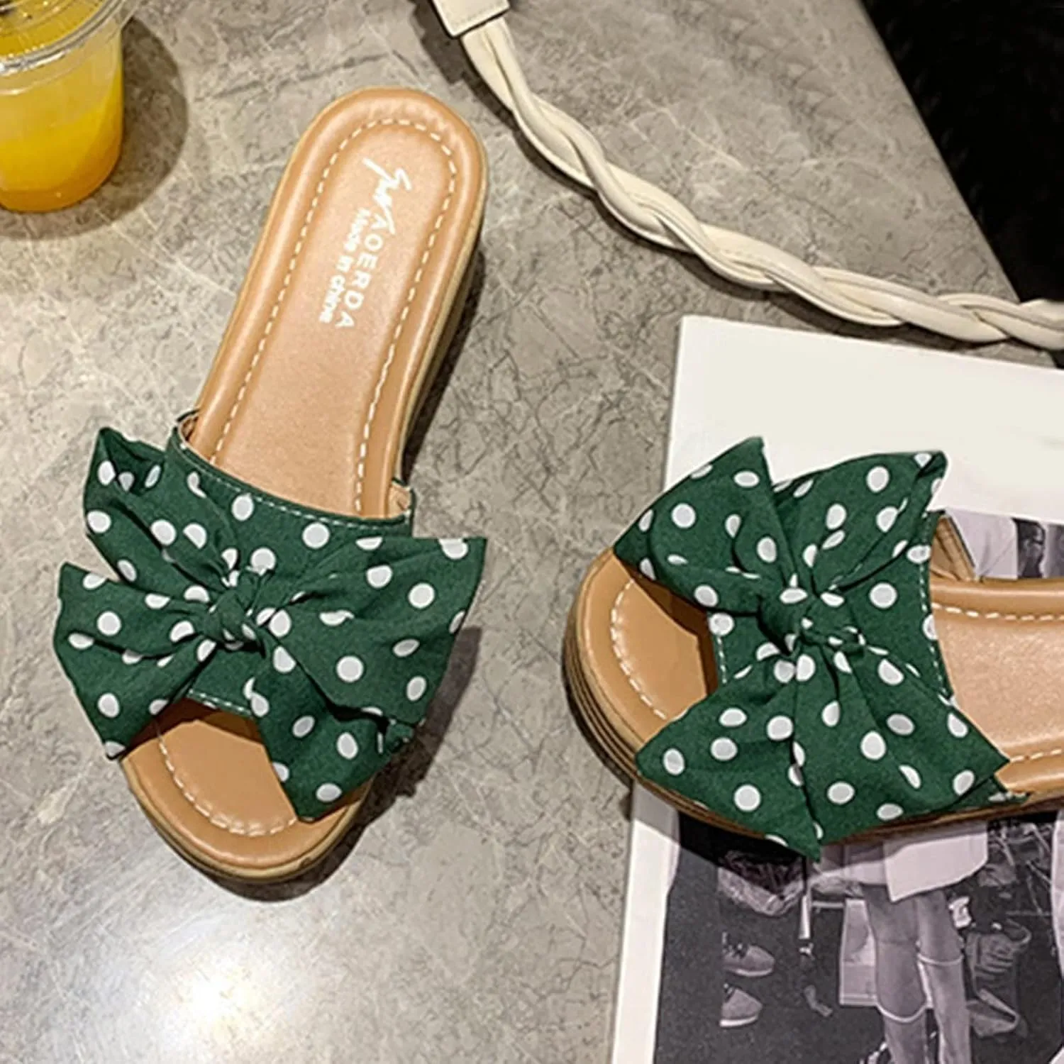 Women's Wedge Platform Sandals Fashion Polka Dot Bow Slippers Summer Slides Beach Vacation Walking Shoes Flat Sandals for Women Casual & Dressy Summer Shoes