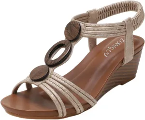 Womens Wedge Sandals Comfortable Open Toe High Heel Platform Sandals Dressy Slip-On Elastic Ankle Strap Shoes Cork Hollow Ring Trim Shoes Beach Casual Summer Footwear