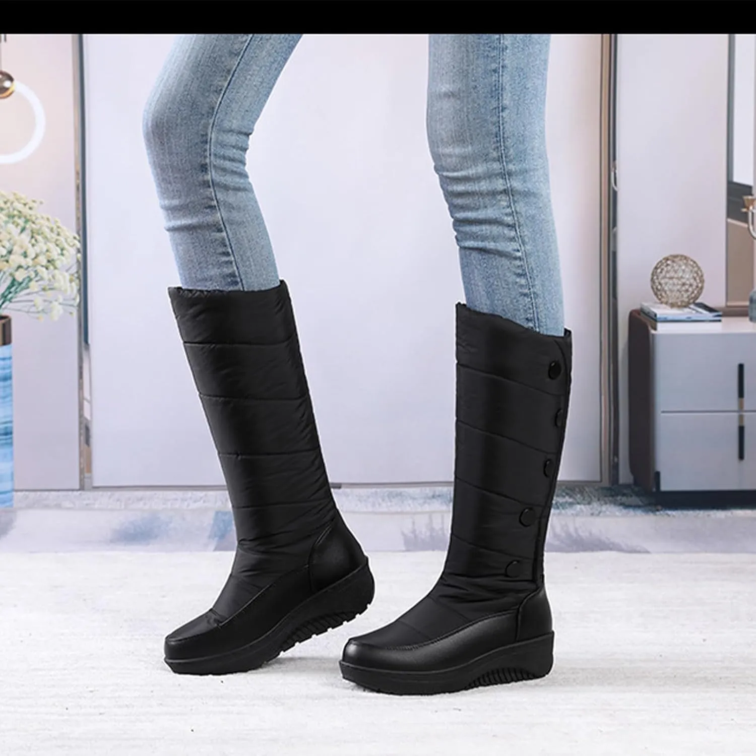 YTINGNICE Women's Winter Warm Thick Sole High Tube Snow Boots,Women's Winter Knee high Boots Waterproof Rain Warm Fur Lined Platform Fashion Tassel Snow Boot (Black,Women-US-7)