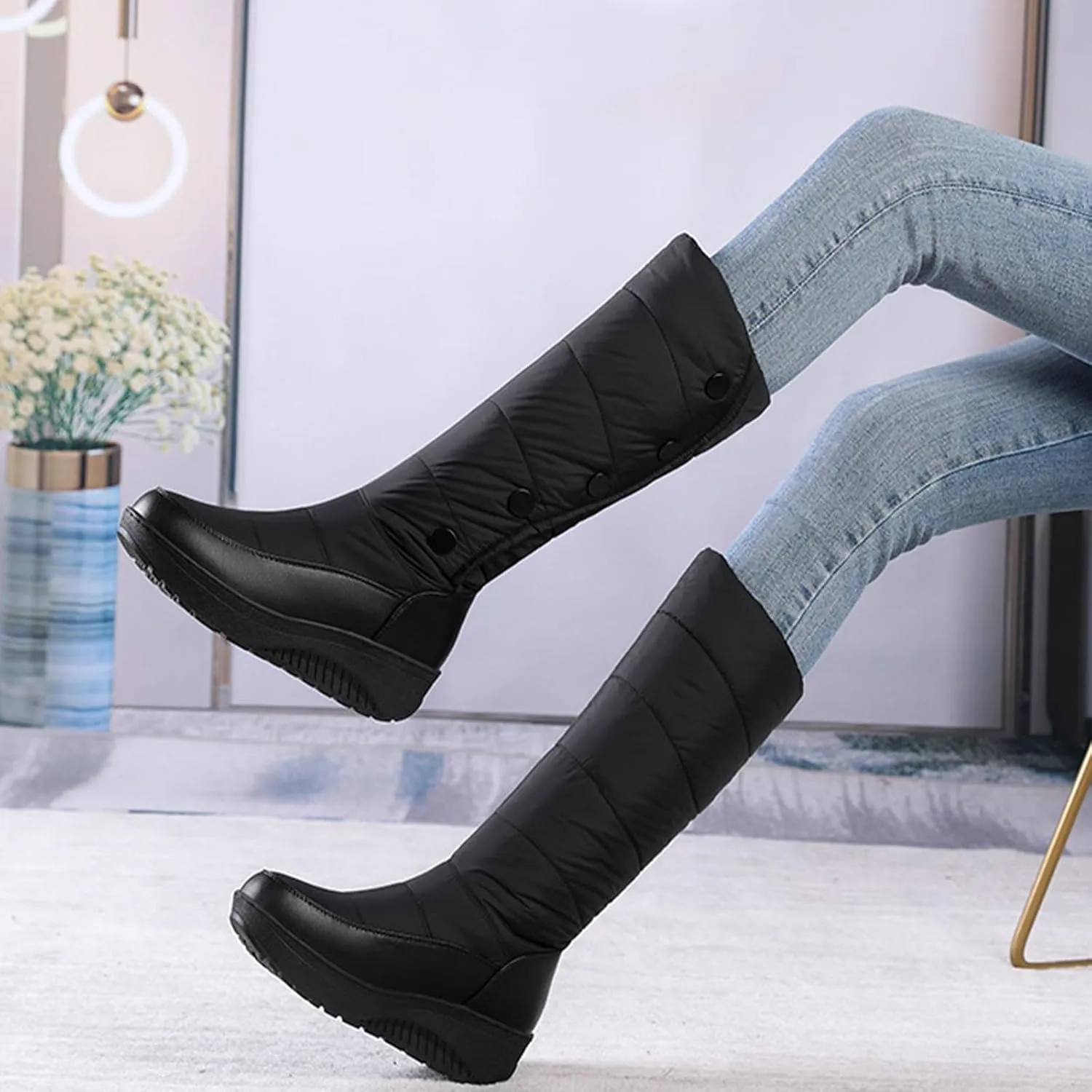 YTINGNICE Women's Winter Warm Thick Sole High Tube Snow Boots,Women's Winter Knee high Boots Waterproof Rain Warm Fur Lined Platform Fashion Tassel Snow Boot (Black,Women-US-7)